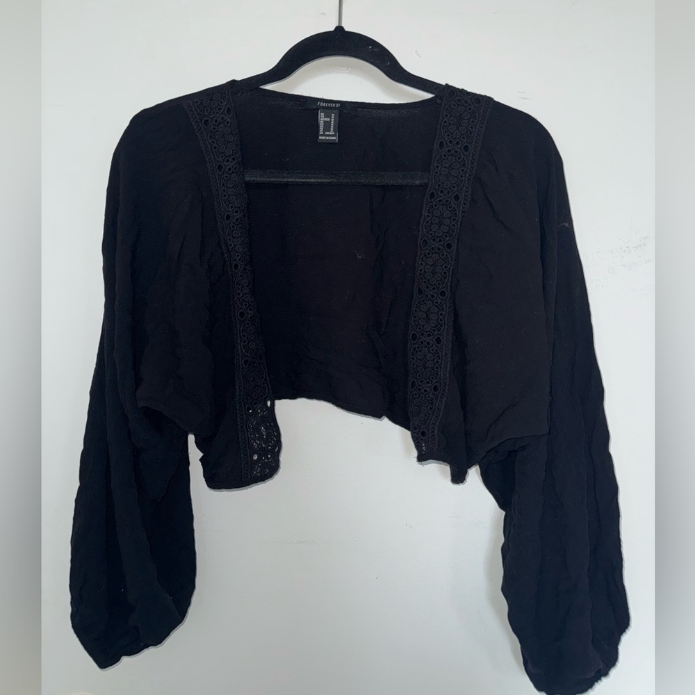 Black Cropped Cardigan with Lace Trim